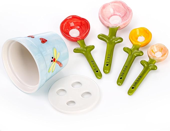 Coloch 5Pcs Ceramic Measuring Spoons and Cup, Flower Baking Scale Spoons - Image 3