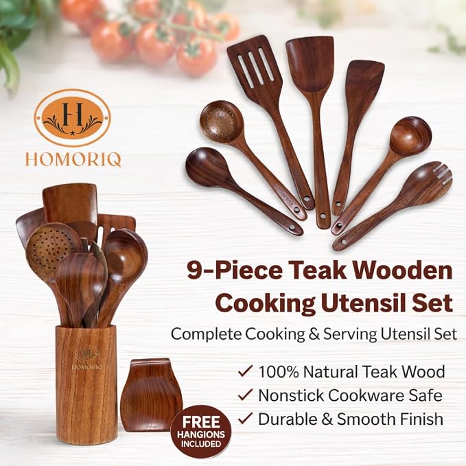 9 Piece Premium Teak Wooden Cooking Utensils Set- Spoons and Spatulas - Image 2