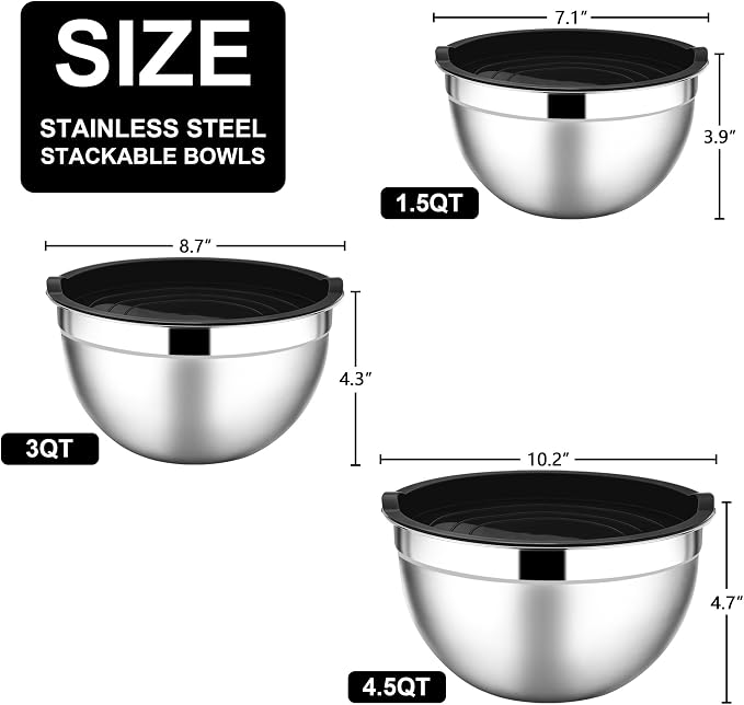 E-far Mixing Bowls with Lids, 6-Piece Stainless Steel Salad Bowls Metal Nesting - Image 2