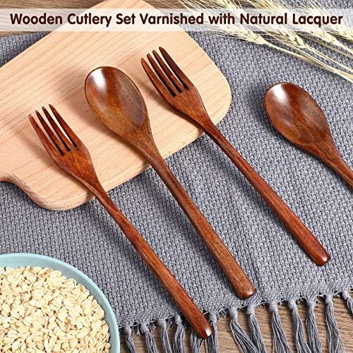 Patelai 10 Pieces Wooden Spoons Forks Set Wooden Utensils for Eating