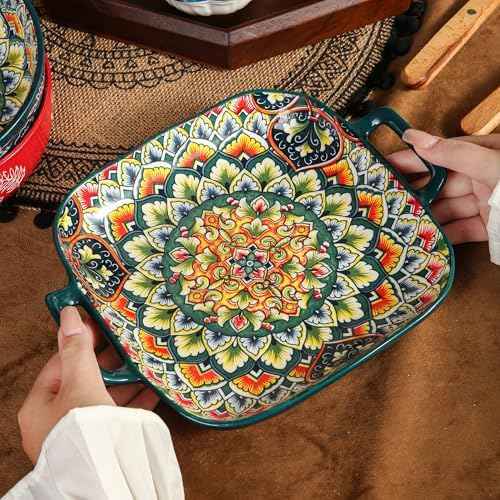 Ceramic Serving Platter with Handles, Set of 2, Bohemian Ceramic Plate,Square Dinner Plate,Colorful Salad Dish,Retro Fruit Plate (Green + Orange)
