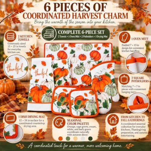 6-Piece Harvest Pumpkin Kitchen Linen Set, Orange & Sage Fall Autumn