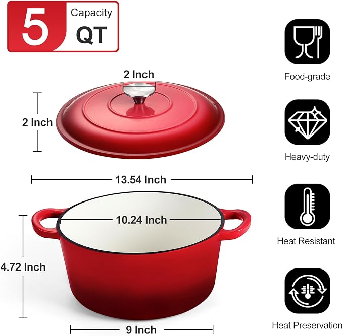 P&P CHEF 5QT Enameled Dutch Oven, Cast Iron Dutch Oven Pot - Image 2