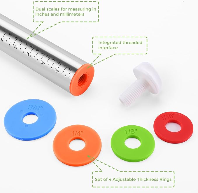 Rolling Pin with Adjustable Thickness Rings and Silicone Baking Pastry Mat Set - Image 4