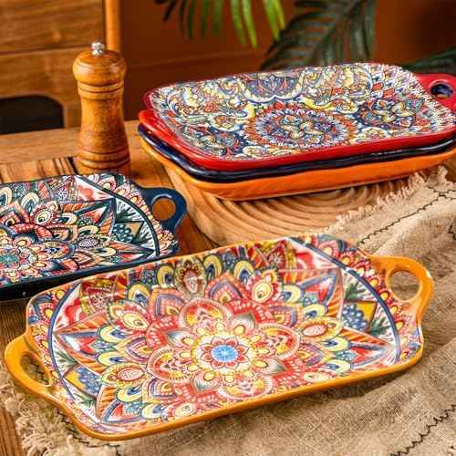Boho Ceramic Serving Platters with Handles Set of 4, 12Inch Large Serving Dishes for Entertaining, Colorful Cute Porcelain Serving Plates for Sandwich, Appetizer, Fruit, Microwave Oven Safe Mix-color