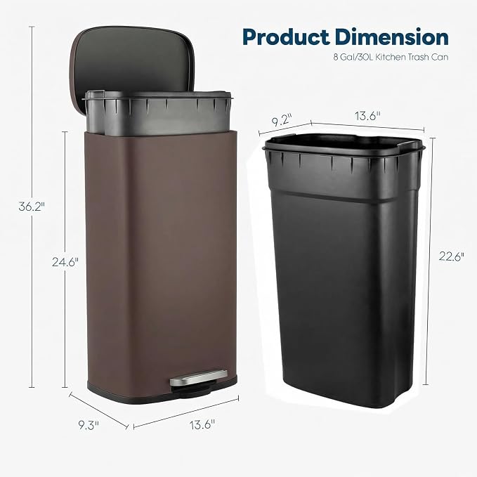 8 Gal Kitchen Trash Can, 30L Recycling or Garbage Bin, Brushed Stainless Steel - Image 2