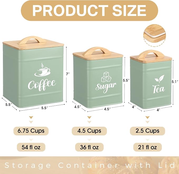 Maxdot 3 Set Coffee Sugar Tea Containers, Square Airtight Kitchen Canisters - Image 2