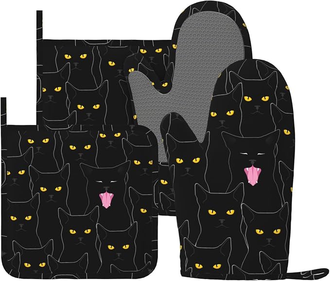 Fun Black Cat Oven Mitts and Pot Holders Set of 4 Silicone Heat Resistant Oven by VOOHDDY
