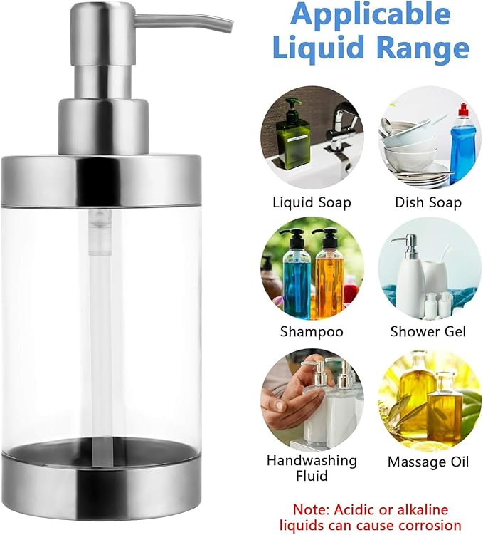 Dish Soap Dispenser Stainless Steel Case Acrylic Liner Hand Pump Dispenser - Image 3