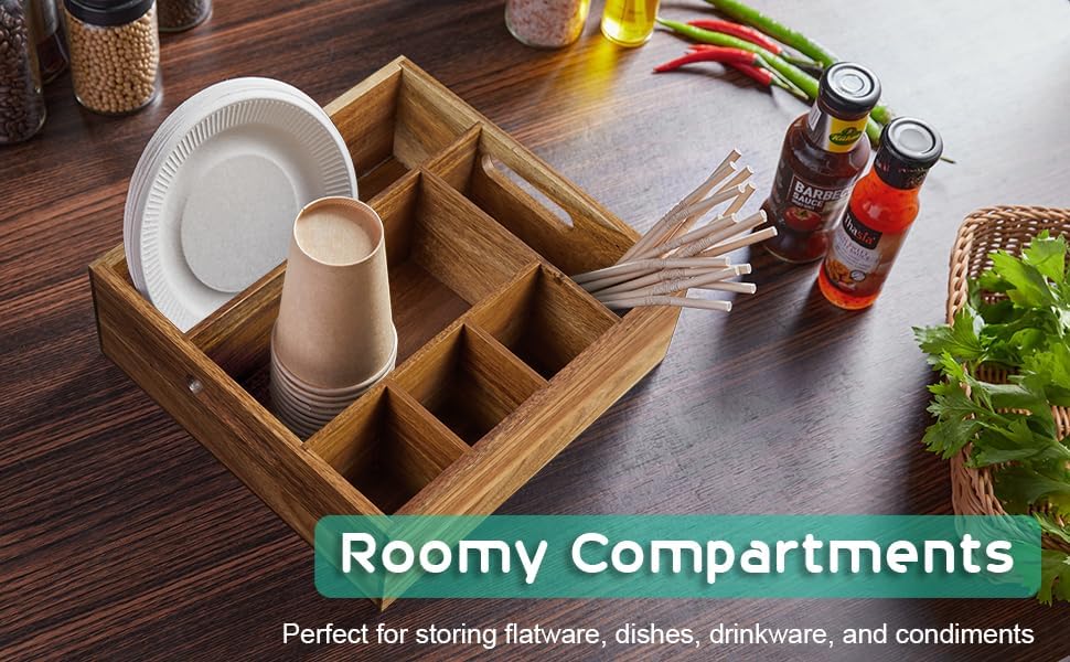 ALELION Acacia Wood Silverware Caddy, 6 Compartments