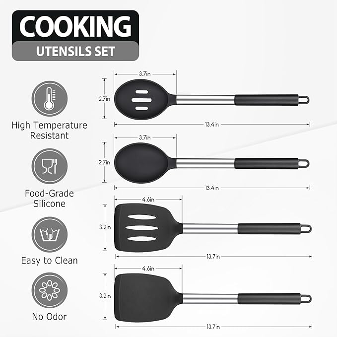 Pack of 4 Large Silicone Cooking Spatulas and Spoons, Slotted and Solid - Image 2