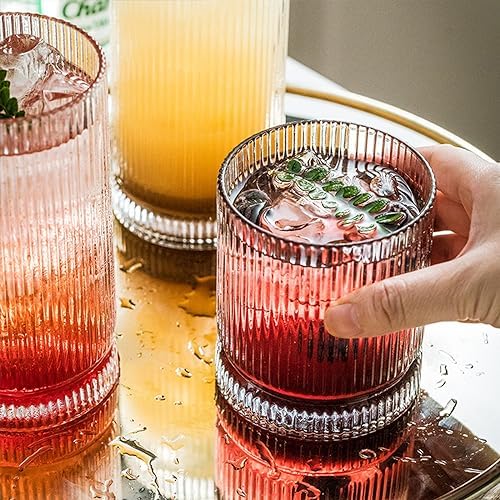 KEMORELA Ribbed Glass Cups Set, 13oz Vintage Drinking Glassware Set of