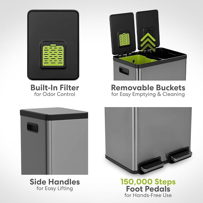 Simpli-Magic 16 Gallon Elegant Black Step Trash Can – Dual Compartment Kitchen - Image 6