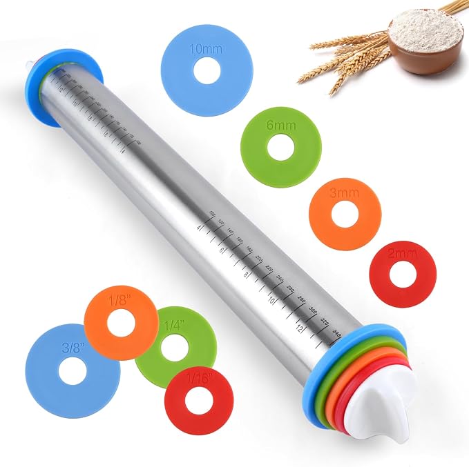 Adjustable Rolling Pin with 4 Thickness Rings by PEASUG