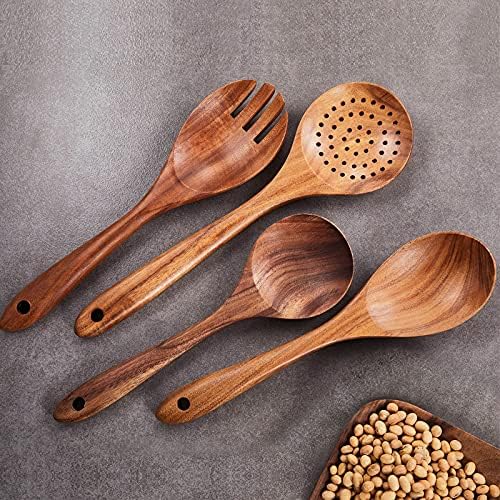 Wooden Kitchen Utensils Set,GUDAMAYE 9 PCE Natural Teak Wooden Spoons