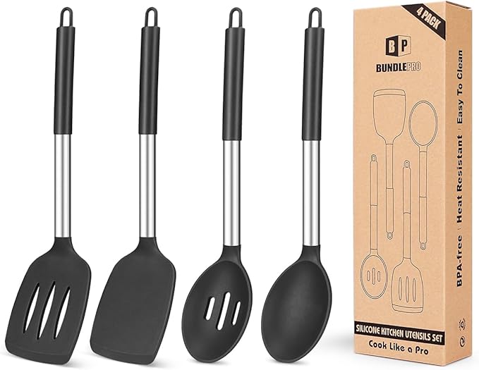Pack of 4 Silicone Cooking Utensils Set, Non Stick Large Solid Spatulas by BUNDLEPRO