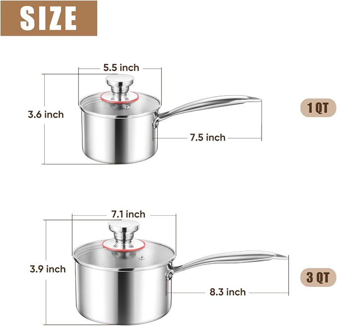E-far Triply Stainless Steel Saucepan Set, 1Qt & 3 Qt Sauce Pan Pot - Image 2