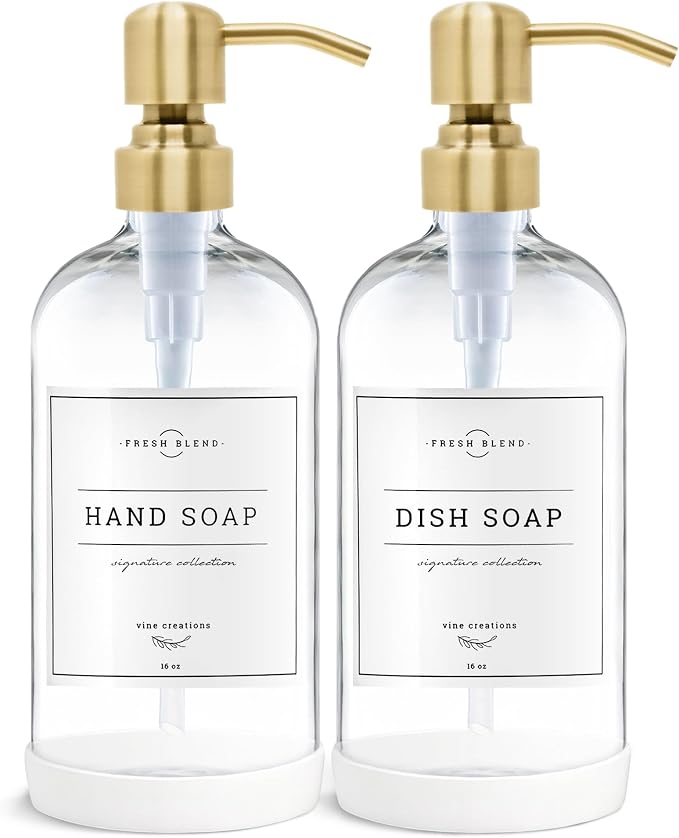 Vine Creations Clear Glass Soap Dispenser, 2 Pack Kitchen Soap Dispenser Set by VineCreations