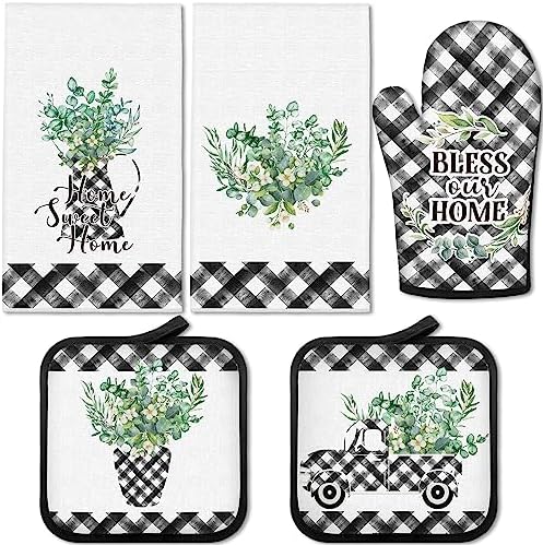 5 Pcs Buffalo Plaid Oven Mitts Pot Holders Dish Towels Set Including
