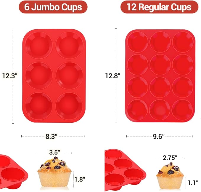 CAKETIME Silicone Muffin Pan, 2 Packs, Includes Jumbo 6 Cups and Regular 12 Cups - Image 2