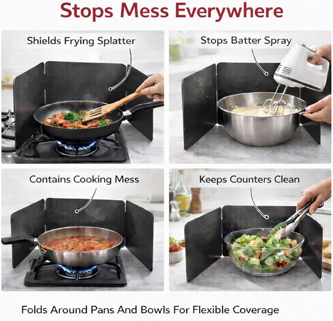 HIC Kitchen 3-Sided Splatter Guard, Non-Stick Carbon Steel, Heat Safe, Folds - Image 4