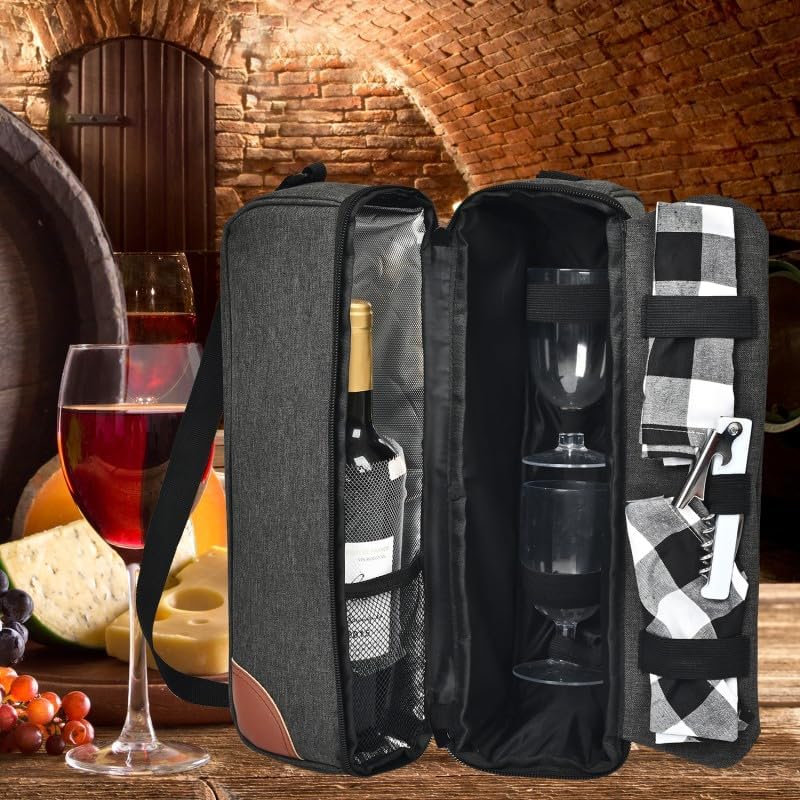 Wine Bag,Insulated Cooler Bag with Wine Glasses Steel Corkscrew Bottle