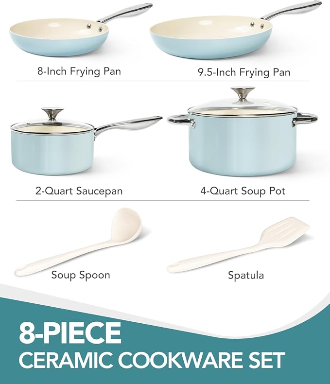 MICHELANGELO Pots and Pans Set Non Stick, 8-Piece Ti-infused Ceramic Cookware - Image 4