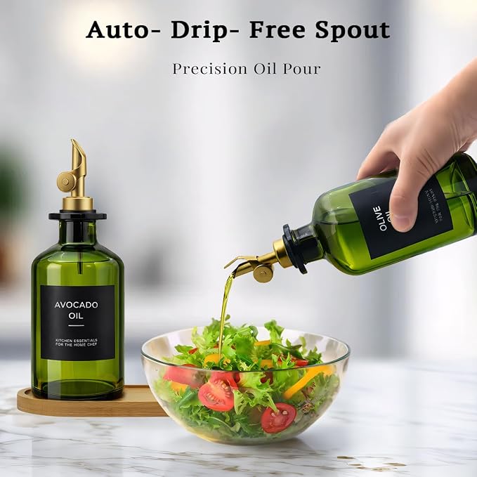 Olive Oil Dispenser Set, 2 x 11.8oz Deep Green Glass Bottles - Image 3