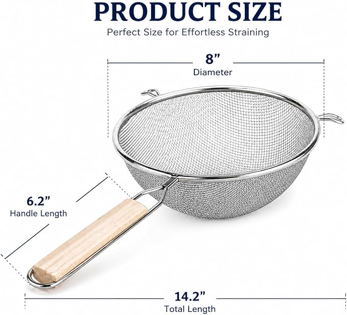 Huji Stainless Steel Fine 8" Double Mesh Food Strainer Colander Sieve Sifter - Image 4
