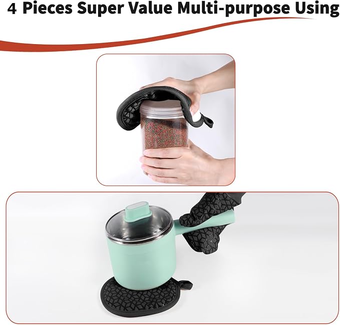 Oven Mitts and Pot Holders, 500 ℉ Heat Resistant Oven Mitts Sets, Silicone Oven - Image 5