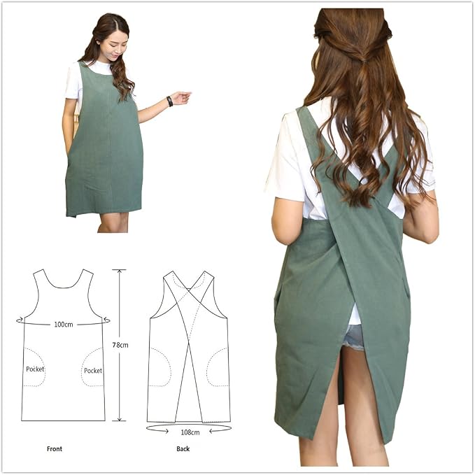 Cotton Linen Japanese Apron Halter Cross Back Bandage X Shape Aprons Two Pockets - Image 2
