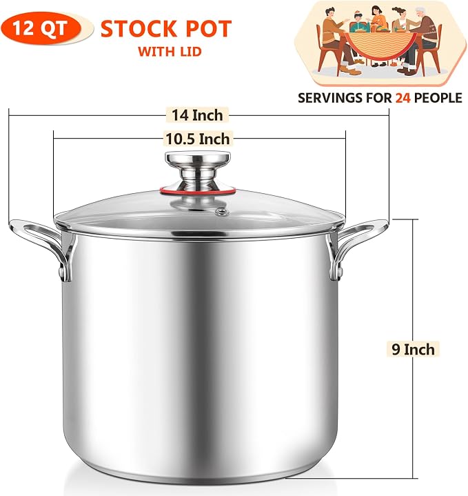 E-far 12-Quart Stock Pot, 18/10 Stainless Steel Stockpot - Image 2