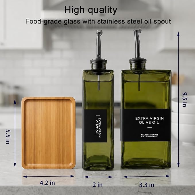 Glass Olive Oil Dispenser Bottle Set of 2, Bamboo Tray + Stainless Steel Funnel - Image 3
