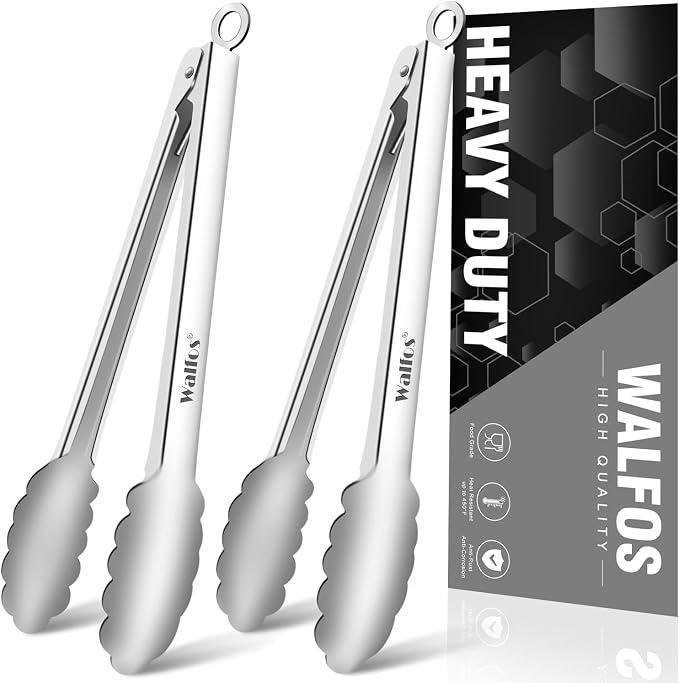 Walfos tongs for cooking, All Metal Kitchen Tongs 600℉ Heat Resistant, Heavy by Walfos