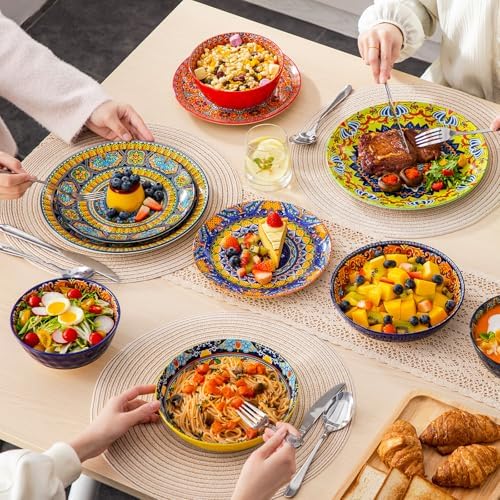 vancasso 24 Pieces Plates and Bowls Set, Bohemian Style Dinnerware Sets Service for 6, Porcelain Boho Dishes Set for Kitchen, Housewaring Gift, Dishwasher and Microwave Safe, Series KRVI