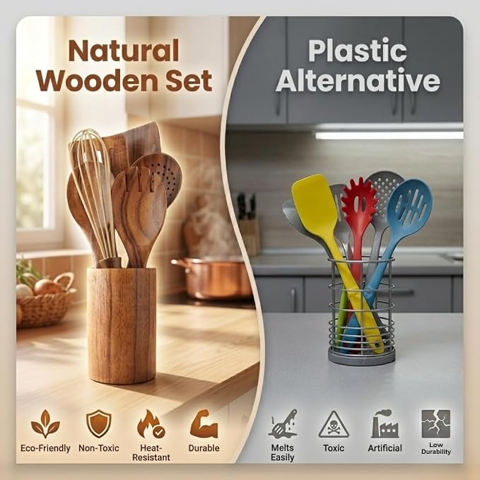 10 Pcs Wooden Utensil Set, 100% Natural Teak Wood Cooking Utensils - Image 5