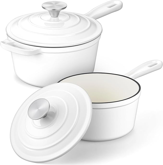 1 Qt & 2 Qt Pots and Pans Set, Leonyo Enameled Cast Iron Saucepan by Leonyo