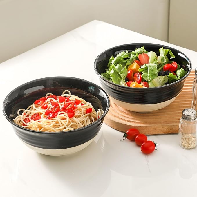 HASENSE Large Porcelain Serving Bowls Set of 2, 60 Oz 8.5 Inch Black & Beige - Image 7