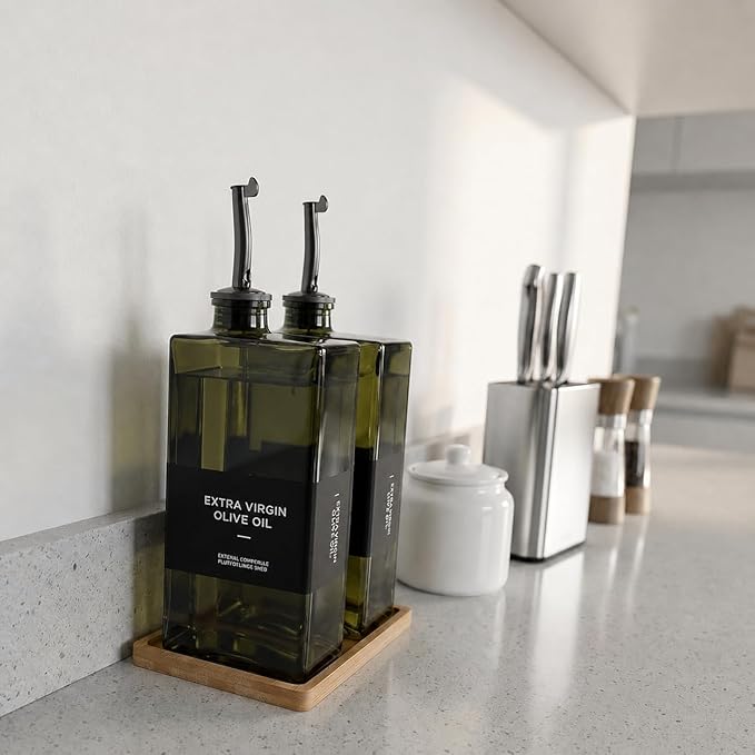 Glass Olive Oil Dispenser Bottle Set of 2, Bamboo Tray + Stainless Steel Funnel - Image 7