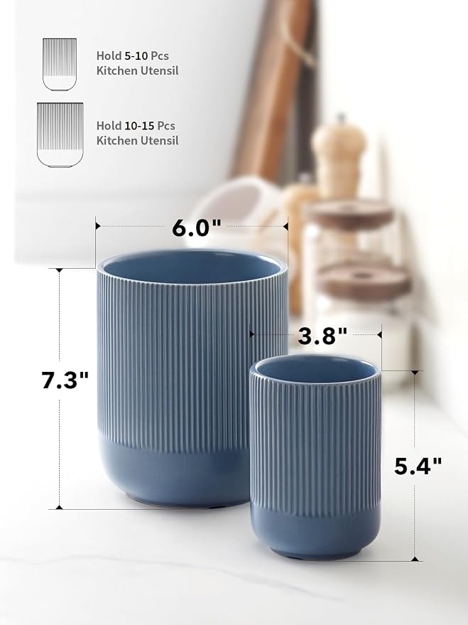 LE TAUCI Utensil Holder for Kitchen Counter, 7.3"+5.4" Fluted Ceramic Utensil - Image 5
