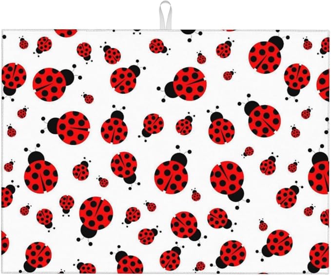 Red Ladybug Dish Drying Mat Cute Small Dots Fun Animal Themed Drying Rack Pad by Unknown