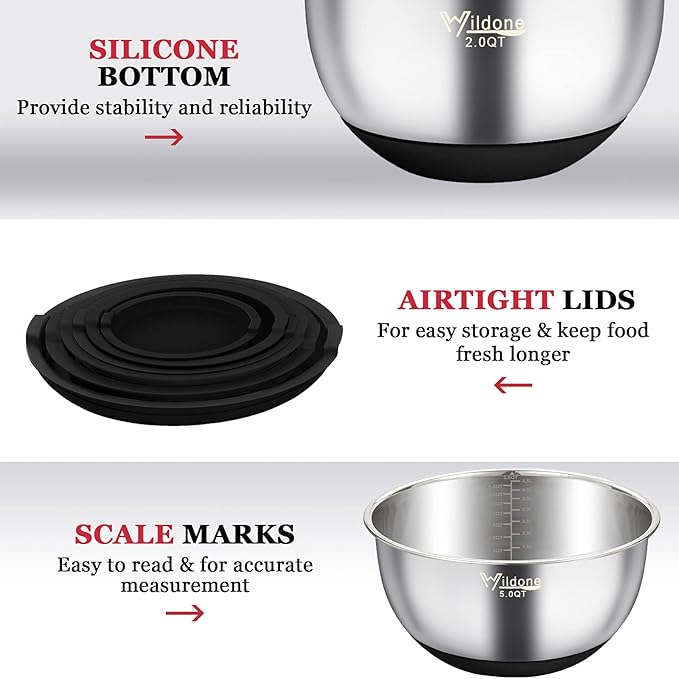 Wildone Mixing Bowls with Airtight Lids, with 3 Grater Attachments, Scale Marks - Image 6