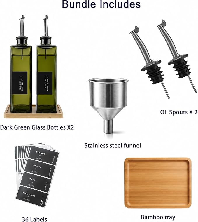 Glass Olive Oil Dispenser Bottle Set of 2, Bamboo Tray + Stainless Steel Funnel - Image 4
