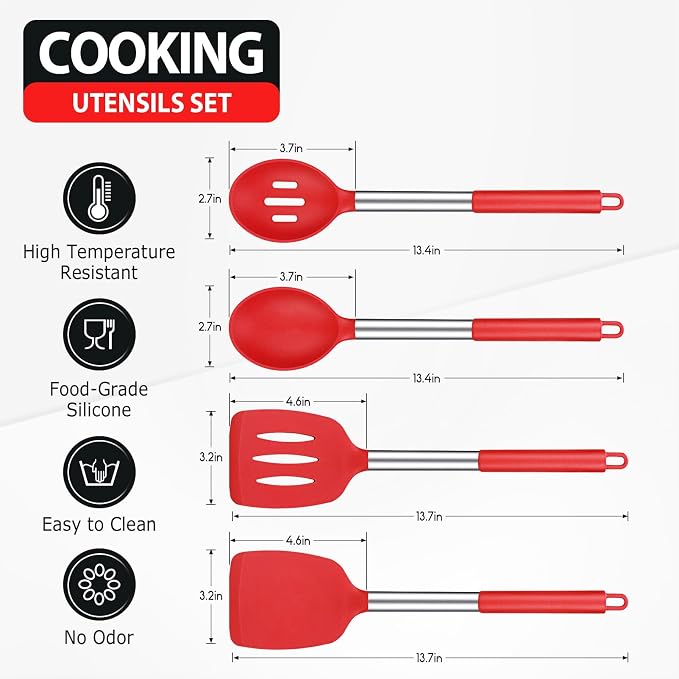 Pack of 4 Large Silicone Cooking Spatulas and Spoons, Slotted and Solid - Image 2