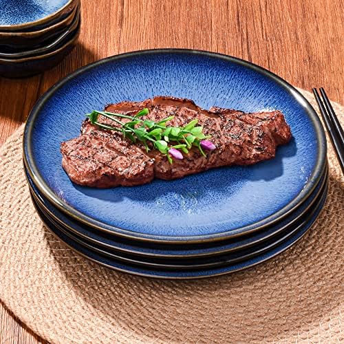Ceramic Dinner Plate Set of 4, 7.5 Inch Blue Reactive Glaze Salad