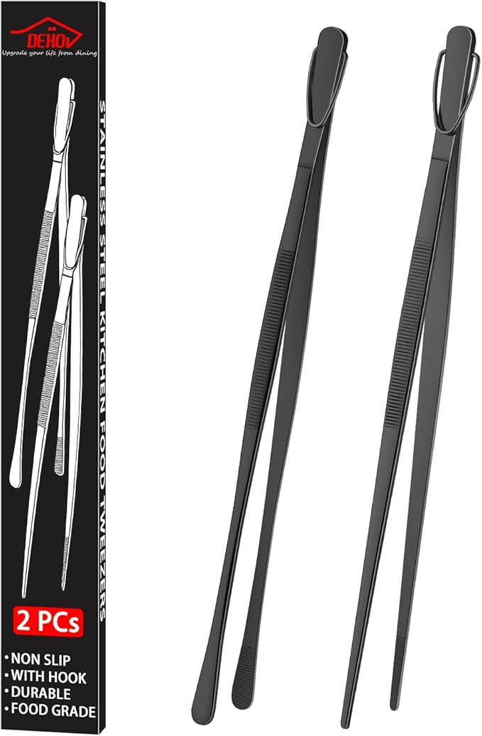 DEHOV 12 Inch Stainless Steel Black Cooking Tongs Set of 2, Metal Chef Food by DEHOVKitchen