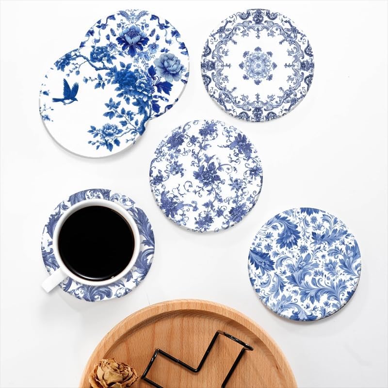 Absorbent Coasters for Drink Set of 6,Bule and White Coasters Cork