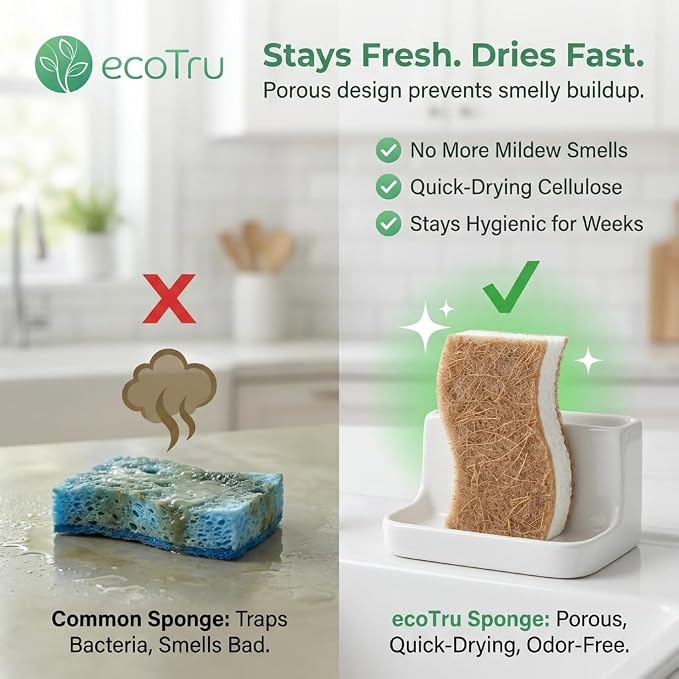 12 Pack Natural Kitchen Sponges, Compostable White Cellulose & Organic Coconut - Image 7