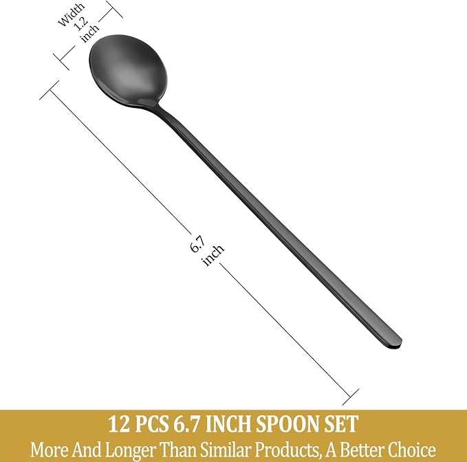 12 Pcs Teaspoons Set, 6.7 Inch Black Tea Spoons Long Handle, Food Grade - Image 2