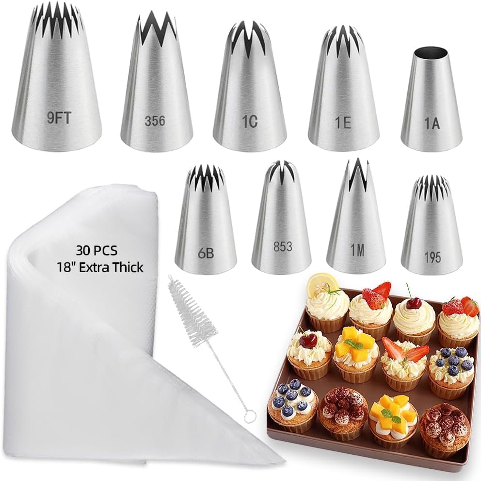 9PCS Large Piping Tips with 30PCS 18 Inch Large Piping Bags Disposable